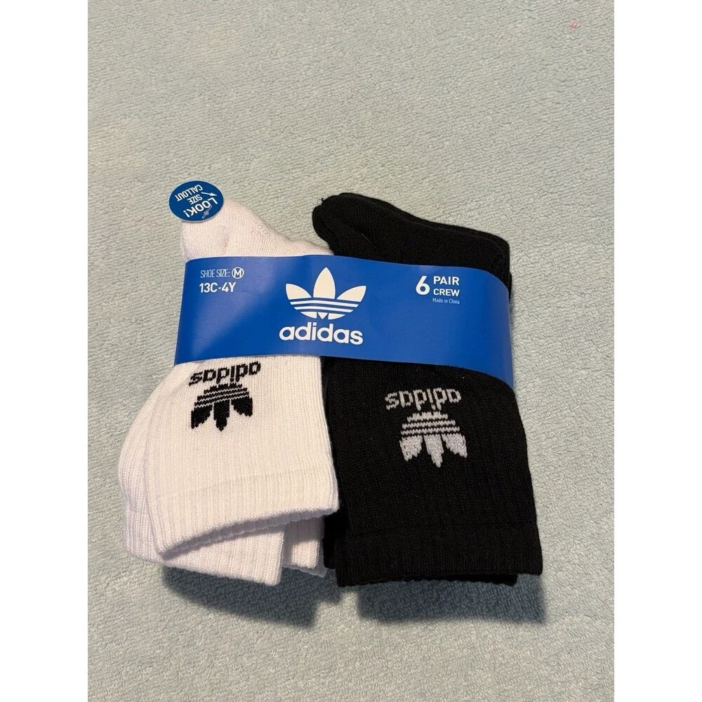 Adidas Kids 6 Pair Crew Socks Black White Trefoil Logo Shoe Size 13C-4Y New